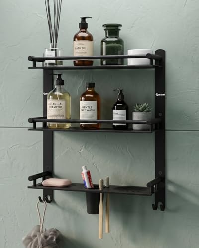 Image of GRIVAN Stainless Steel 3-Tier Bathroom Accessories Set - Heavy Duty Bathroom Shelves with Dual Soap Holder, Toothbrush Holder & Tumbler | Wall Mounted Bathroom Organizer
