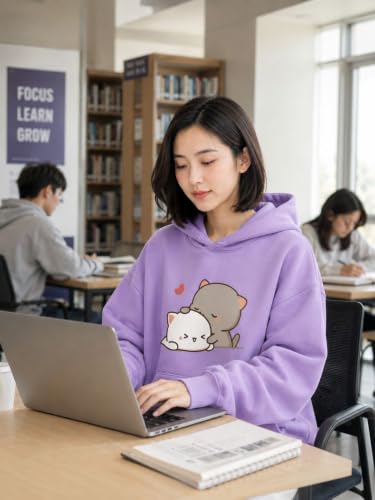 Image of Women Oversized Hooded Sweatshirt Purple Cat Printed Casual Pullover Hoodie