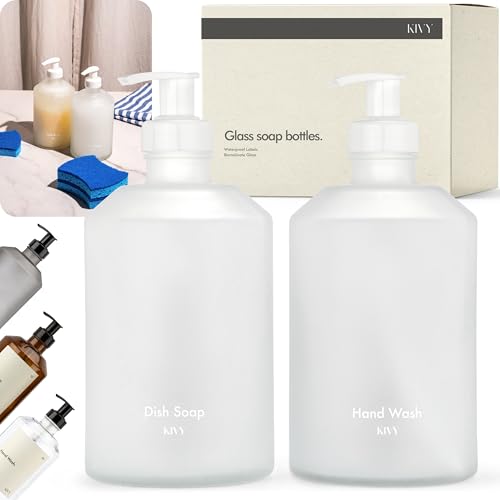 KIVY Glass Soap Dispenser Set [INCL. Waterproof Labels] - Glass Soap Dispenser with Pump - Hand Soap and Dish Soap Set - for Kitchen, Shower & Bathroom - Refillable (Matte White)