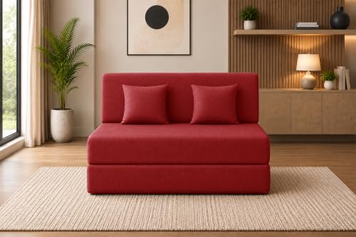 Image of Sofa Cum Bed with Jute Fabric, Convertible Two Seater Sofa Bed 4x6 Ft, Comfortable Cushioned Seating, Space Saving Design for Living Room, Bedroom & Guest Room - Red Color