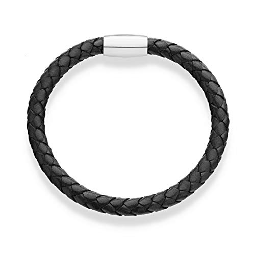 Miabella Genuine Italian Braided Leather Bracelet For Men, Stainless Steel Magnetic Closure, Made In Italy (Black, Medium - 8" Length) #TOP2