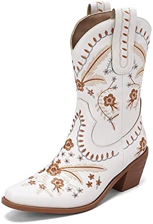 MRKEWUNEY Classic Cowboy Boots for Women Pointed Toe Cowgirl Boots Low Heels Western Ankle Boots Pull on Country Western Shoes White Size 36