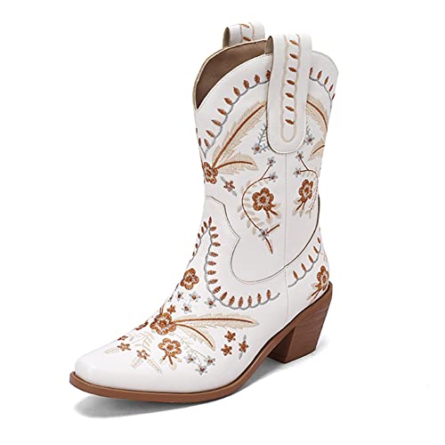 Mrkewuney Classic Cowboy Boots For Women Pointed Toe Cowgirl Boots Low Heels Western Ankle Boots Pull On Country Western Shoes White Size 36 #TOP1