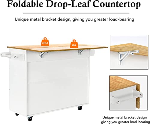 4Ever2Buy Kitchen Island With Storage Drop-Leaf, Rolling Kitchen Island On Wheels, Kitchen Island With 2 Doors & 3 Drawers, Mobile Kitchen Storage Islands With Spice Rack Dining Room, White #TOP1