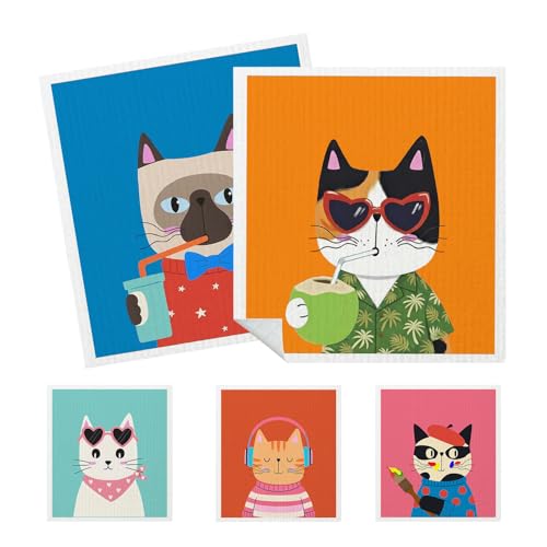 HEIFAM 5PC Mixed Colorful Cartoon Cat Swedish Kitchen Dishcloths Dish Towel