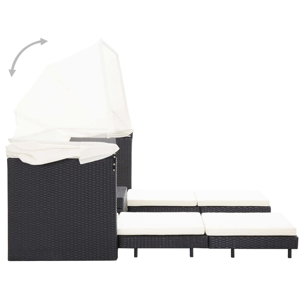 vidaXL Schlafsofa Ausziehbar 3-Sitzer mit Dach Sonnenliege Gartenliege Sofa Liege Gartenmöbel Gartensofa Gartenbank Poly Rattan Schwarz