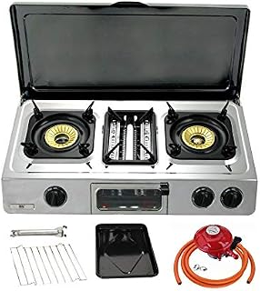 NJ G-87C Portable Camping Gas Stove 2 Burner Grill & Oven Stainless Steel Outdoor BBQ Cover (Propane 27mm Clip-on)