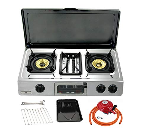 NJ G-87C Portable Camping Gas Stove 2 Burner Grill & Oven Stainless Steel Outdoor BBQ Cover (Propane 27mm Clip-on)