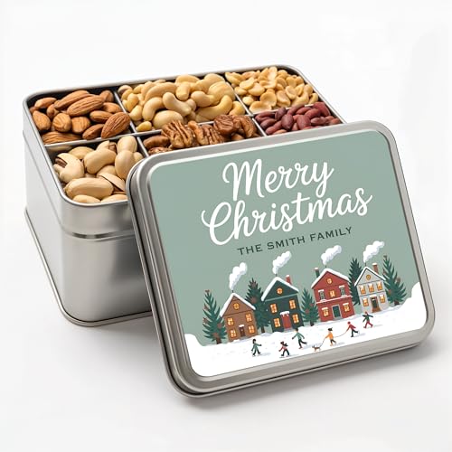 Personalized Nuts Gift Basket, Custom Assorted Nuts Gift Box for Christmas, 6 Sectional Gourmet Mixed Nuts in Rectangle Tin, 2 lbs. (Design 4)