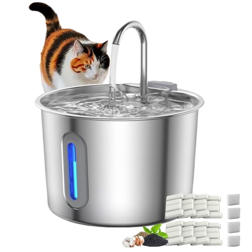 Lullaxx Cat Water Fountain 304 Stainless Steel Water Dispenser:2.2L/74.5oz Pet Water Fountain Flowing Water For Drinking With 4 Filters And Filter Coatings Led Light And Water Level Window