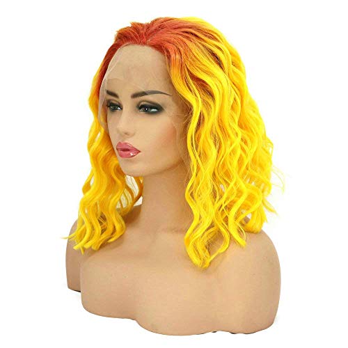 Perruque cosplay orange jaune ombré courte lace wig 14 pouces pour vos festivals d été