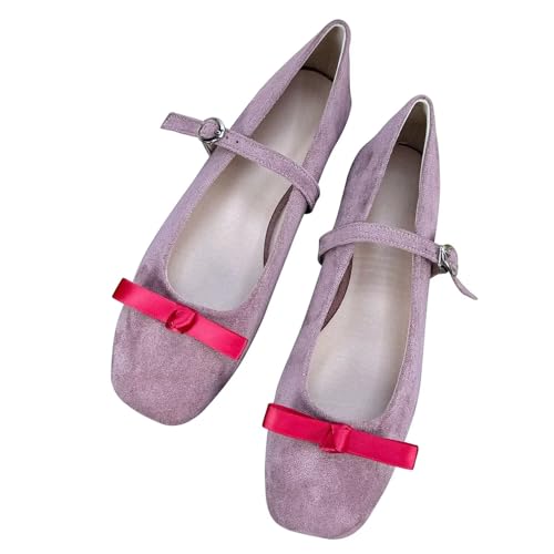Hee grand Women's Square Toe Bowknot Mary Jane Shoes Ankle Strap Ballet Flats Comfortable Suede Dress Shoes