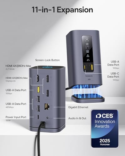 Image of Baseus Spacemate Docking Station, 11-in-1 USB-C DisplayLink Docking Station for macOS Laptop, Triple Display with 4K HDMI, 10Gbps USB-C & USB-A, Ethernet, Audio, 100W PD Charging (Driver Required)
