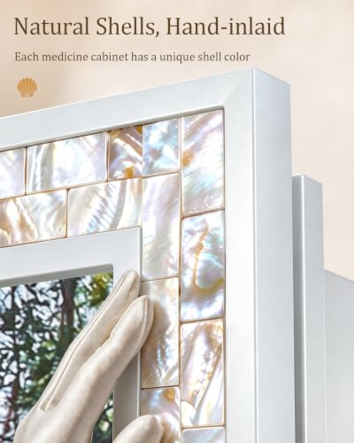 Image of 20x30 Inch White Surface Mount or Recessed Medicine Cabinet with Mirror for Bathroom, Hand-Inlaid Glittering Shell Vanity Mirror with Storage for Bedroom, Entryway, 3 Removable Shelves and Organizer