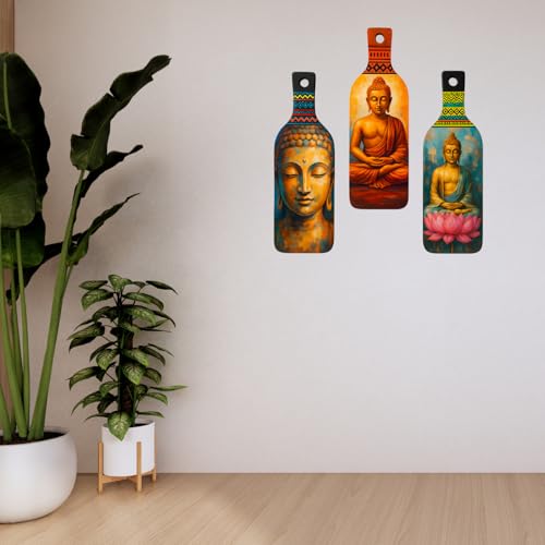 Image of Giftoday Meditating Gautam Buddha Wooden Wall Hanging for Home Kitchen Decor | Decoration Items for Livingroom | Modern Artwork Item for Office, Hallway | Decorative Mdf Wall Hanger Artwork (Set of 3)