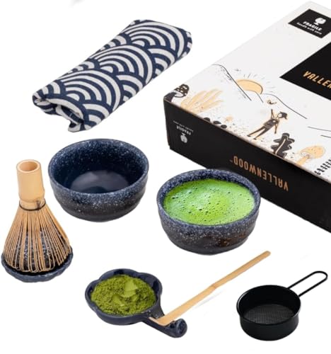 A Unique Matcha Set: 9 pieces set, A Ceremonial Grade Kit For Matcha With 2 Thick Glazed Dark Blue Hand Painted bowls. Bamboo Whisk and Scoop, Strainer, Table Runner, chop stand, dish and bottle.