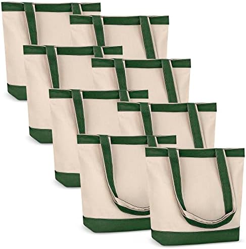 Canvas Tote Bag with Handles for Woman, Reusable Cloth Bag for Groceries and Shopping In Bulk - Blank Cotton Tote Bag, Suitable for DIY Projects HEAVY DUTY, 16"X14.5" With 4” Gusset, Green 8 Pack