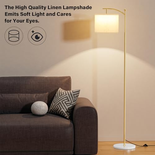 Image of Ambimall 60 inch Floor Lamp for Living Room with 3 Color Temperatures, Gold Standing Lamp with White Marble Base, Modern Tall Lamp for Bedroom Office, 9W LED Bulb Included