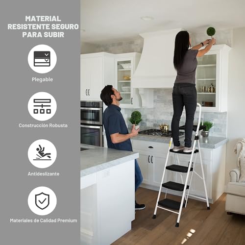 Miniatura 4 de Hbtower Escalera Plegable Escalera 4 Peldaños Taburete Escalera Plegable Escalera Cocina Con Pedal Ancho Antideslizante, Agarre Conveniente, Taburete Portátil De Acero Ligero De 228 Kg Blanco