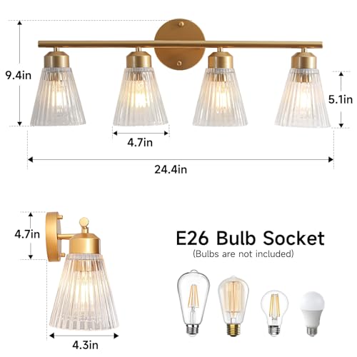 Image of 4-Light Bathroom Vanity Light, Painted Gold Bathroom Light Fixtures Over Mirror with Stripe Glass, Modern Wall Lamp, Wall Sconces Lighting for Living Room Bedroom Kitchen Hallway