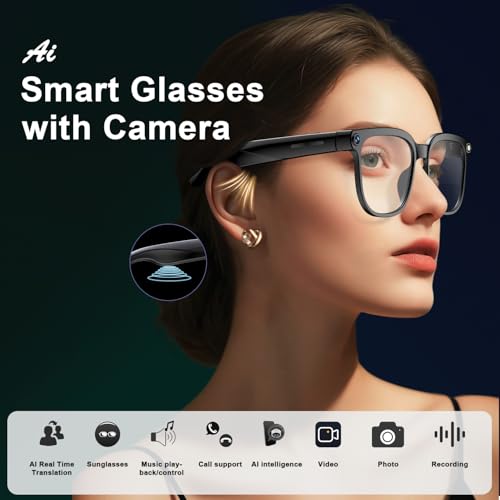 Image of AI Smart Glasses with Camera and Audio, 8MP HD Camera Glasses for Men Women,1080P Video Recording Sunglasses,Real Time Translation,Voice Assistant, Open-Ear Audio for Travel, Meetings & Vlogging 89787