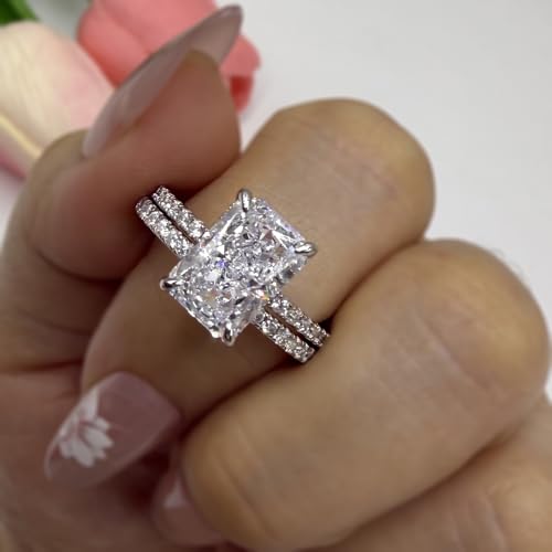 Radiant Cut Wedding Ring Set for Women, 3.5 Carat Platinum S925 Engagement Ring White Cubic Zirconia ,Sterling Silver Bridal Set, Women's Wedding Bands,Matching Wedding Rings for Her, Elegant Engagement Ring Set for women4