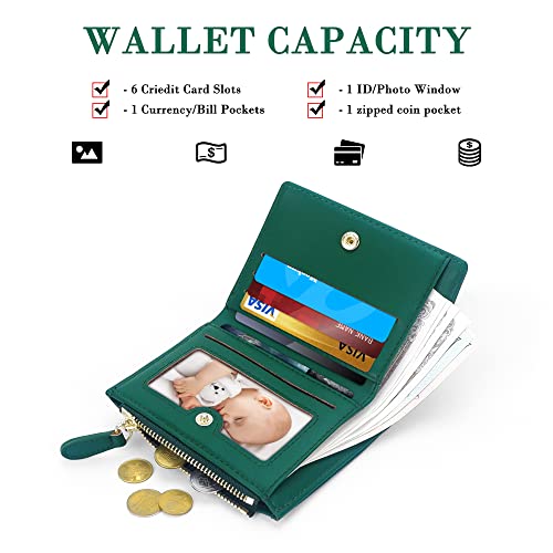 Small Wallet for Women, Leather Compact Bifold Womens Wallet with Zipper Coin Purse (Stone Pattern, Dark green)2