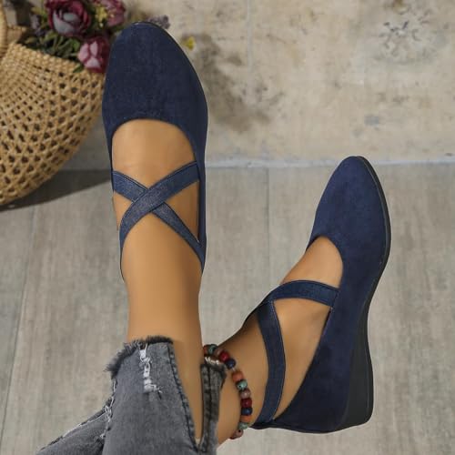 Women's Crisscross Strap Wedge Shoes,Womens Round Toe Ballet Wedge Dress Shoe Elegant Suede Comfy Slip-On Shoes4