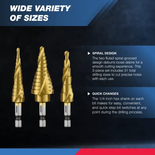 neiko 10181a step drill bit set 3 piece spiral grooved for faster drilling step bits for stainless steel metal wood plastic unibit cone drill bits with 31 step sizes total