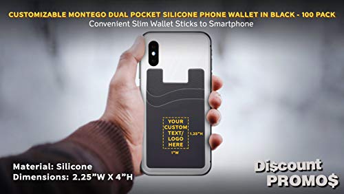 DISCOUNT PROMOS 100 Montego Silicone Phone Wallets Pack - Customizable Text, Logo - Strong Adhesive, Dual Pocket - Black4