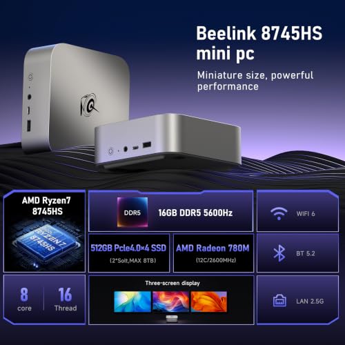 Image of Beelink SER8 Mini PC, AMD Ryzen 7 8745HS (8C /16T up to 4.9GHz), 16GB DDR5 512GB SSD, AMD Radeon 780M Graphics /Triple 4K Display (HDMI 2.1+DP+USB4) /2.5G LAN /WiFi 6 /BT5.2 Performance Desktop Computer