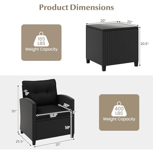 Image of Tangkula 3 Piece Patio Furniture Set, Rattan Conversation Set w /Soft Seat & Back Cushions, Tempered Glass Topped Coffee Table, Cushioned Wicker Seating Set for Backyard, Porch, Poolside (Black)