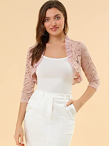 Image of Allegra K Women's Elegant Lace Cardigan Ruffle Collar Crop 3 /4 Sleeve Sheer Bolero Floral Lace Shrug Top