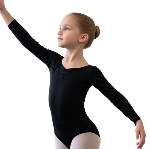 XDGBGFN Kinder Ballettanzug Gymnastikanzug Mädchen Lange Ärmel Ballett Trikot Baumwolle Turnanzug für Mädchen (Schwarz, 130)