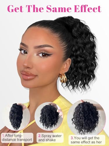 Alxnan Wavy Curly Ponytail Extension, 8 Inch Black Drawstring Ponytail For Black Women Short Soft Natural Synthetic Hairpiece Thick For Daily Use thumb #1