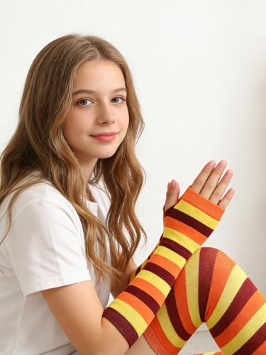 Image of YELAIVP Over Knee Rainbow Thigh High Socks Gloves Set Cosplay Accessories Arm Leg Warmers for Girls