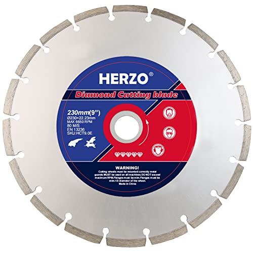 HERZO Disco de corte de diamante de 230 mm, 230 mmx22.23 mm, para corte de mampostería, ladrillo, hormigón reforzado y piedra