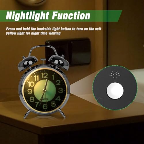 Image of RUCON Table Analog Clock Alarm Super Loud for Heavy Sleepers Retro Twin Bell Metal Frame Clock with Night Backlight Function Bedside Luminous Alarm for Bedroom /Office (Silver Luminous)