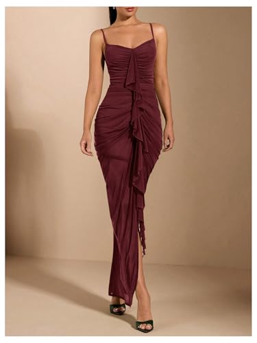 Image of Floerns Women's Ruffle Ruched Cami Dress Draped Split Elegant Bodycon Maxi Dresses