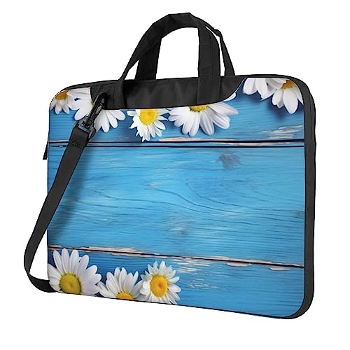 Sac ordinateur imprimé marguerites bleu à bandoulière en bois
