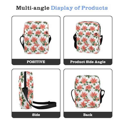 Crossbody Bag Christmas Poinsettia Flowers Holly Leaves Messenger Bag for Women Men Purse Shoulder Bag Satchel Bag with Adjustable Strap 214B80574
