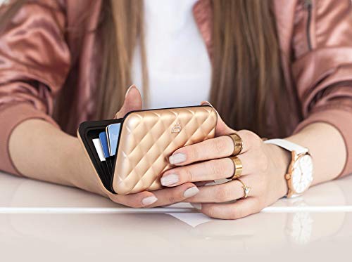 Ögon -Designs- Lady Case Women’s Aluminum Wallet - Quilted Metal Purse - Rfid Blocking Card Holder - Strong Metal Lock - Rose Gold #TOP4