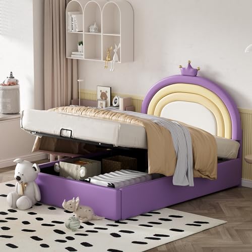 Pawom Cama tapizada de 140 x 200 cm, cabecero regulable en altura, con somier, cama juvenil y cama para adultos, funda de poliuretano, fácil montaje, color lila