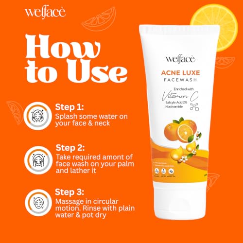 Image of Welface Acne Luxe Face Wash with Vitamin C, 2% Salicylic Acid & Niacinamide | Anti Acne Face Cleanser for Men & Women | Deep Pore Cleansing, Oil Control, Blackhead & Pimple Removal | Brightening Face Wash for Oily, Acne-Prone & Combination Skin | Removes Dirt, Excess Sebum & Tan | 100 ml