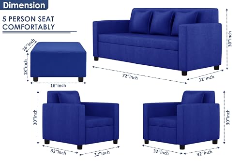 Image of 3+1+1 Seater Sofa Set with Ottoman -Modern Velvet Fabric Sofa Set for Living Room, Deep Seating Comfort with Cushions (Blue)