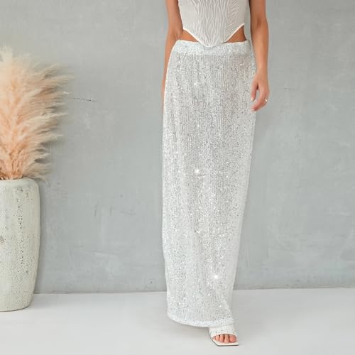 Autumn Solid Color Sequins Long Skirts Women Low Waist Party Skirts Casual Streetwear3