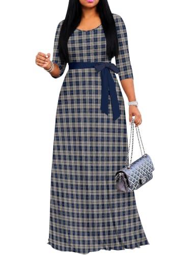 Image of Maxi Dress for Women with Sleeves, Empire Waist Dress | A-line shape, self-tie belt, side pockets and pull-on design; stretch fabric for church, work and casual wear