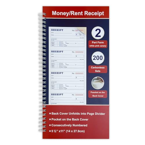 Money and Rent Receipt Book 2-Part Carbonless 5-1/2" x 11" Spiral Bound 200 Sets per Book 4 Receipts per Page, Receipt Book with Carbon Copies(1-Pack)