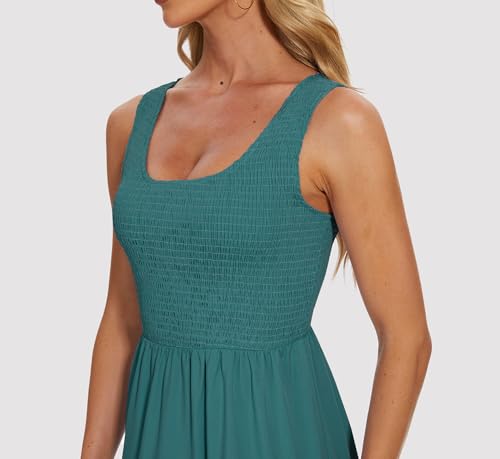 Image of Women's Summer Smocked Maxi Dresses Sleeveless U Neck Ruffle Hem Tiered A Line Flowy Dress