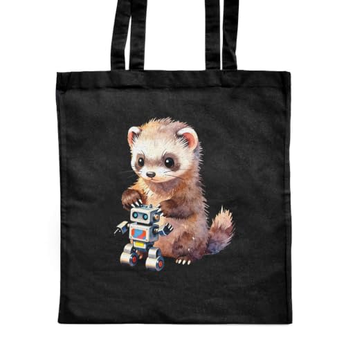Image of Azeeda 'Ferret Building Robot' Shopping Tote Bag - Black (ZB00036246)